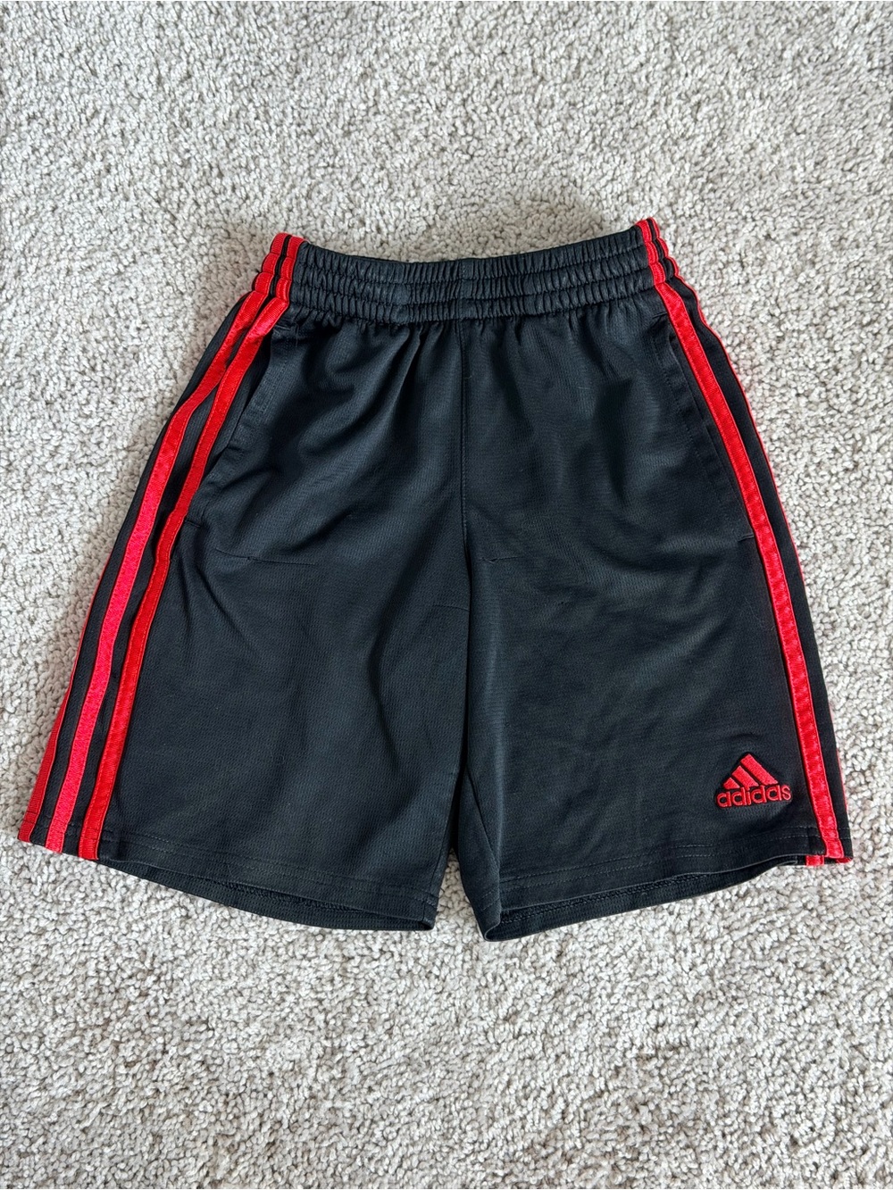 adidas Black Kids Athletic Shorts with Red Side Stripes